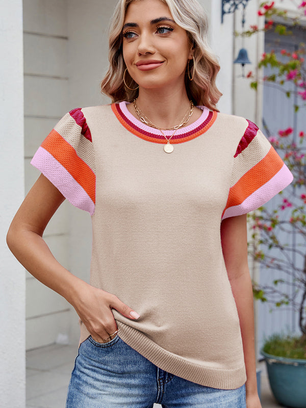 Crew Neck Knit Top Short Sleeve Sweater-[Adult]-[Female]-Cracker khaki-S-2022 Online Blue Zone Planet