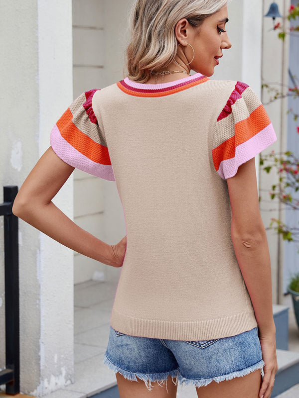 Crew Neck Knit Top Short Sleeve Sweater-[Adult]-[Female]-2022 Online Blue Zone Planet