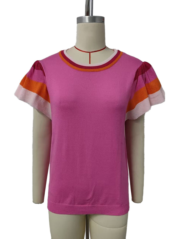 Crew Neck Knit Top Short Sleeve Sweater-[Adult]-[Female]-2022 Online Blue Zone Planet