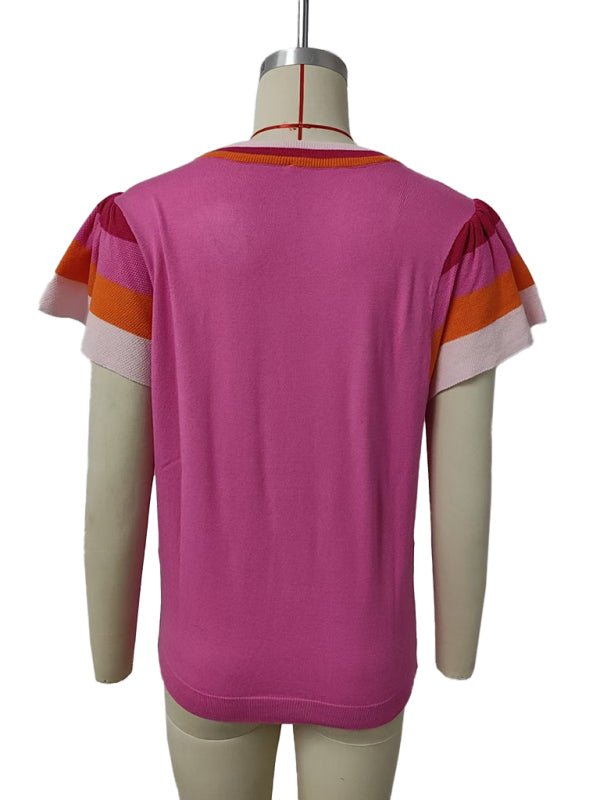 Crew Neck Knit Top Short Sleeve Sweater-[Adult]-[Female]-2022 Online Blue Zone Planet