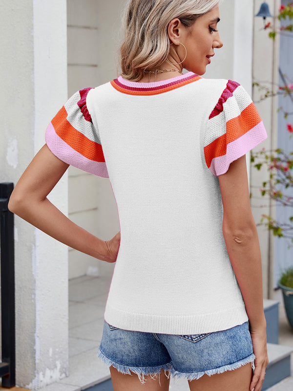 Crew Neck Knit Top Short Sleeve Sweater-[Adult]-[Female]-2022 Online Blue Zone Planet