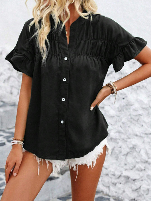 Casual short-sleeved gathered shirt solid color stand collar shirt-[Adult]-[Female]-2022 Online Blue Zone Planet