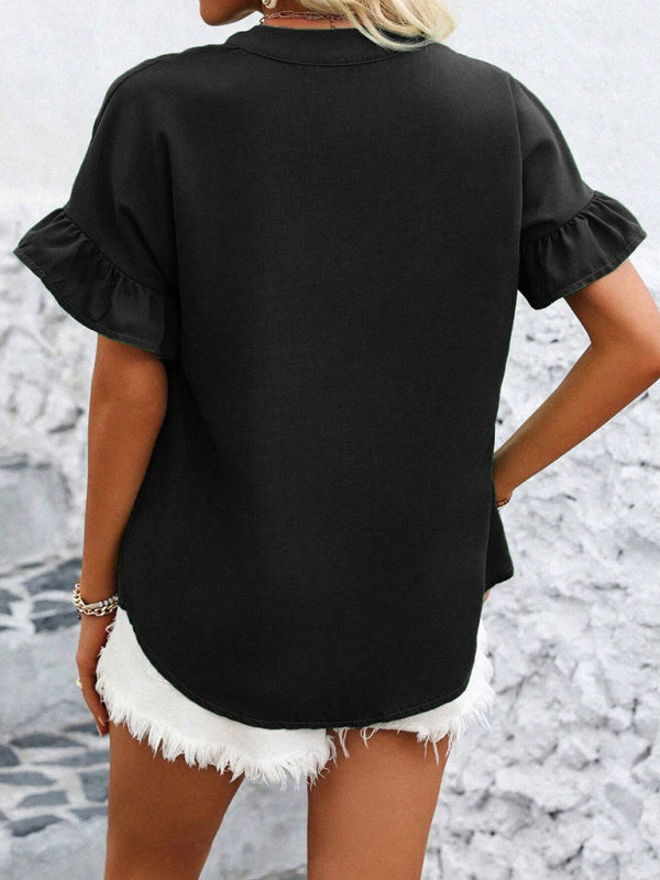 Casual short-sleeved gathered shirt solid color stand collar shirt-[Adult]-[Female]-2022 Online Blue Zone Planet