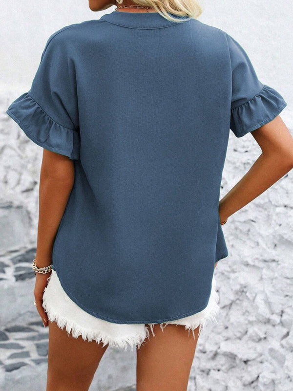 Casual short-sleeved gathered shirt solid color stand collar shirt-[Adult]-[Female]-2022 Online Blue Zone Planet