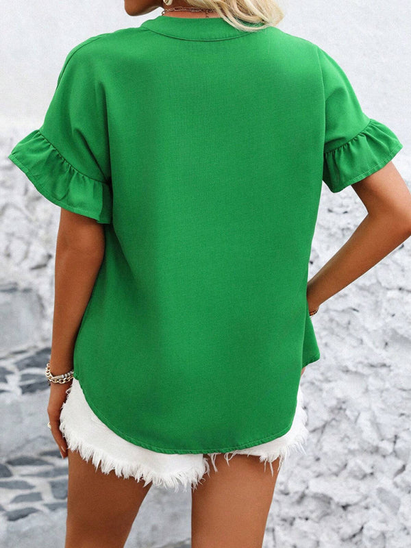 Casual short-sleeved gathered shirt solid color stand collar shirt-[Adult]-[Female]-2022 Online Blue Zone Planet