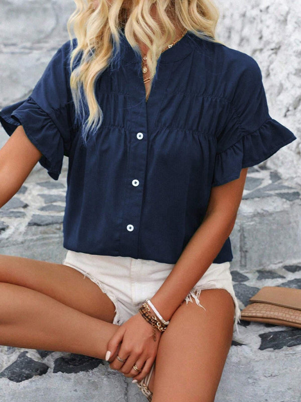 Casual short-sleeved gathered shirt solid color stand collar shirt-[Adult]-[Female]-2022 Online Blue Zone Planet