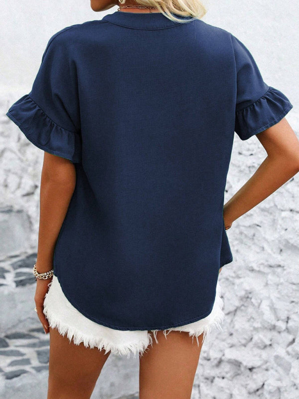 Casual short-sleeved gathered shirt solid color stand collar shirt-[Adult]-[Female]-2022 Online Blue Zone Planet