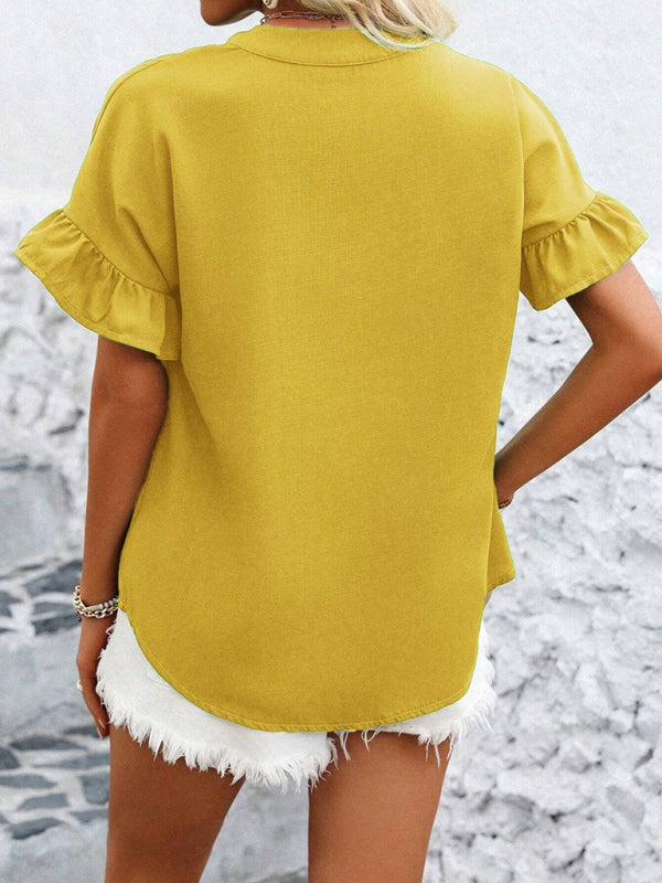 Casual short-sleeved gathered shirt solid color stand collar shirt-[Adult]-[Female]-2022 Online Blue Zone Planet