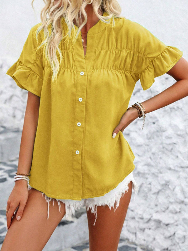 Casual short-sleeved gathered shirt solid color stand collar shirt-[Adult]-[Female]-2022 Online Blue Zone Planet