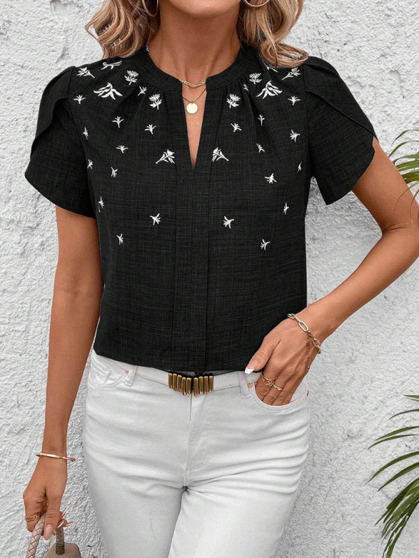 Half-open collar short-sleeved shoulder wrinkled pullover solid color printed shirt-[Adult]-[Female]-Black-S-2022 Online Blue Zone Planet