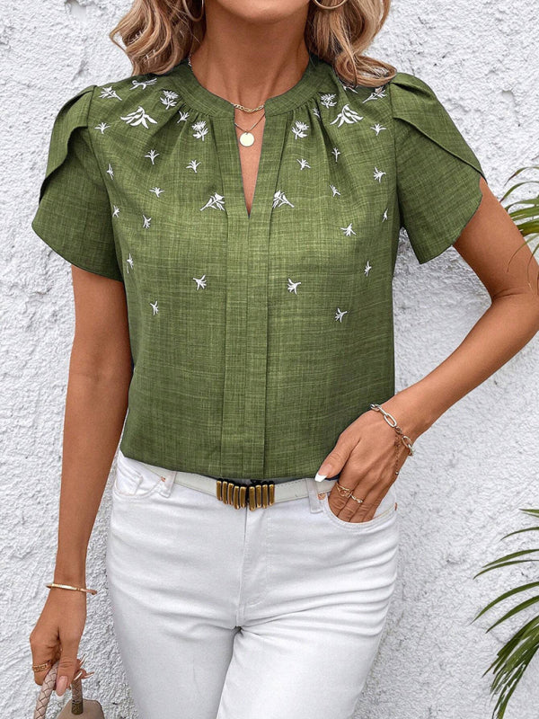 Half-open collar short-sleeved shoulder wrinkled pullover solid color printed shirt-[Adult]-[Female]-2022 Online Blue Zone Planet