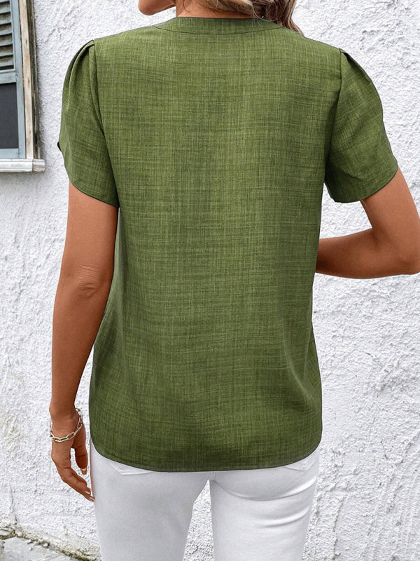 Half-open collar short-sleeved shoulder wrinkled pullover solid color printed shirt-[Adult]-[Female]-2022 Online Blue Zone Planet