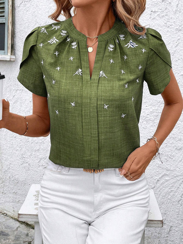 Half-open collar short-sleeved shoulder wrinkled pullover solid color printed shirt-[Adult]-[Female]-Green-S-2022 Online Blue Zone Planet
