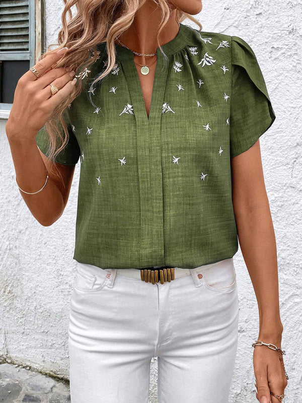 Half-open collar short-sleeved shoulder wrinkled pullover solid color printed shirt-[Adult]-[Female]-2022 Online Blue Zone Planet