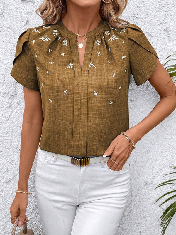 Half-open collar short-sleeved shoulder wrinkled pullover solid color printed shirt-[Adult]-[Female]-Khaki-S-2022 Online Blue Zone Planet