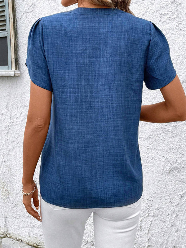 Half-open collar short-sleeved shoulder wrinkled pullover solid color printed shirt-[Adult]-[Female]-2022 Online Blue Zone Planet
