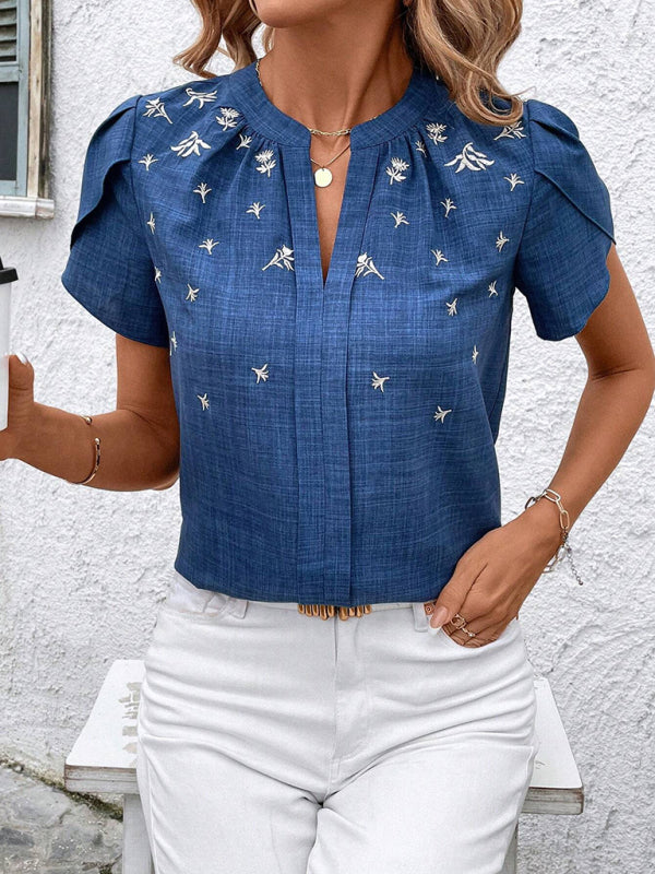 Half-open collar short-sleeved shoulder wrinkled pullover solid color printed shirt-[Adult]-[Female]-Royal blue-S-2022 Online Blue Zone Planet