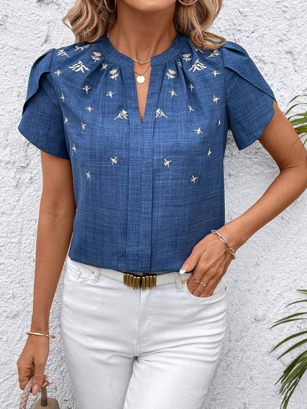 Half-open collar short-sleeved shoulder wrinkled pullover solid color printed shirt-[Adult]-[Female]-2022 Online Blue Zone Planet