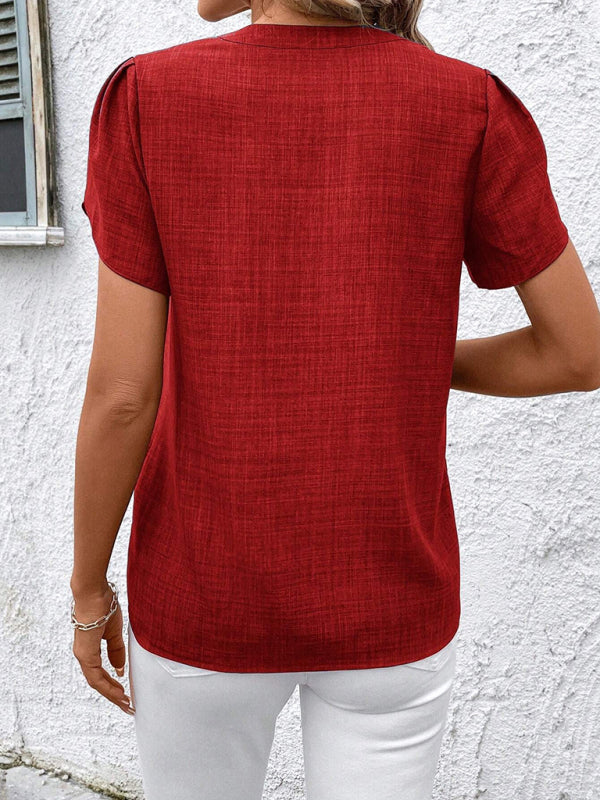 Half-open collar short-sleeved shoulder wrinkled pullover solid color printed shirt-[Adult]-[Female]-2022 Online Blue Zone Planet