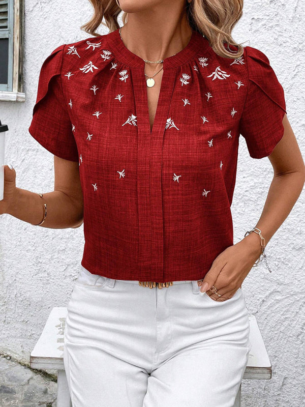 Half-open collar short-sleeved shoulder wrinkled pullover solid color printed shirt-[Adult]-[Female]-Wine Red-S-2022 Online Blue Zone Planet