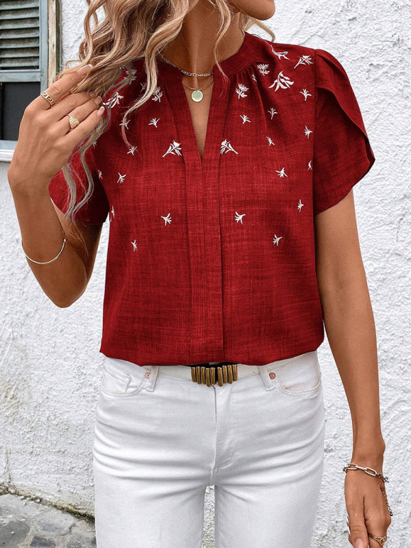 Half-open collar short-sleeved shoulder wrinkled pullover solid color printed shirt-[Adult]-[Female]-2022 Online Blue Zone Planet