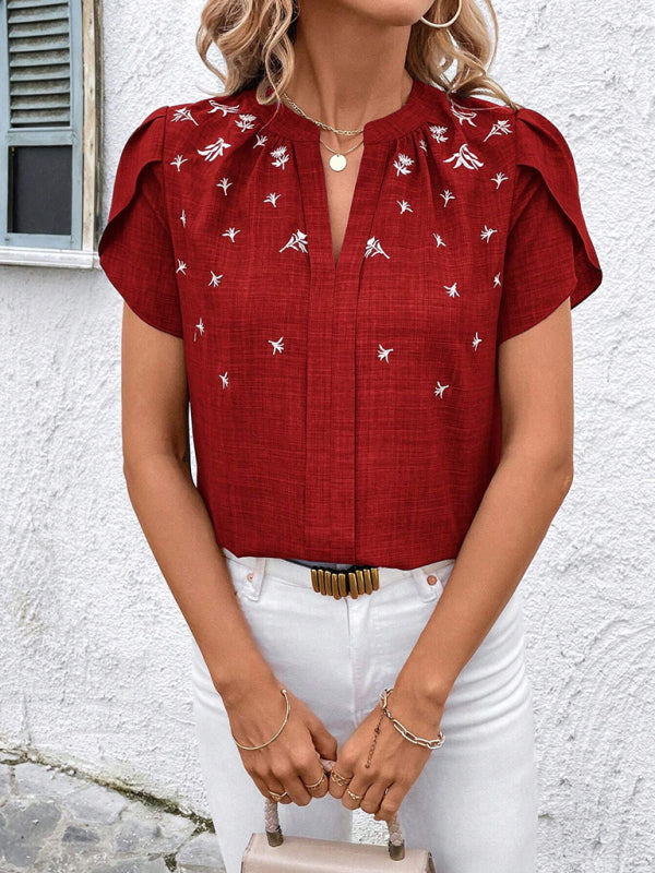 Half-open collar short-sleeved shoulder wrinkled pullover solid color printed shirt-[Adult]-[Female]-2022 Online Blue Zone Planet