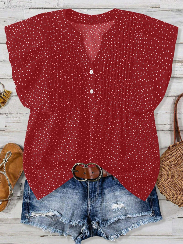 Princess sleeve V-neck polka dot loose button pleated top-[Adult]-[Female]-Brick red-S-2022 Online Blue Zone Planet