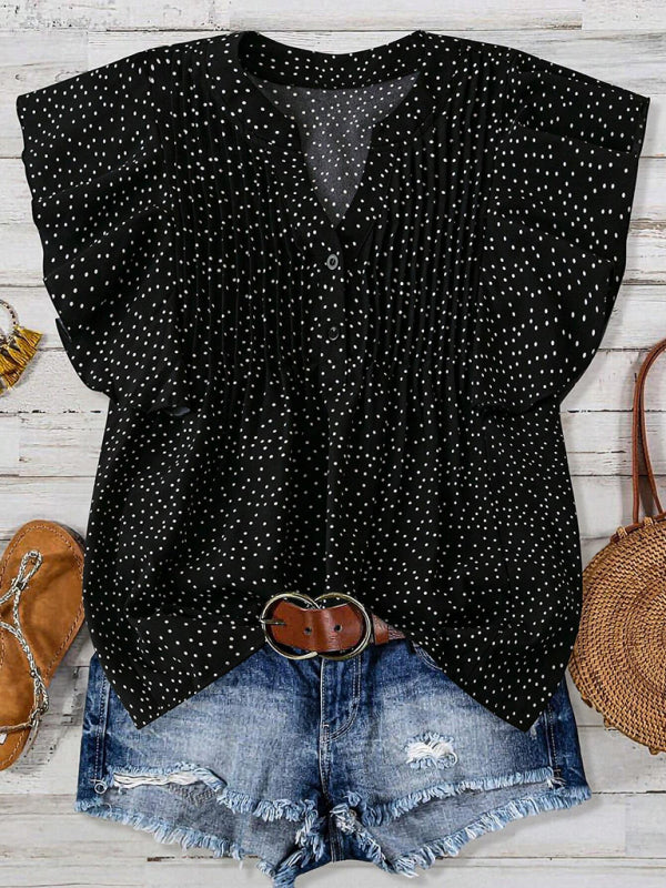 Princess sleeve V-neck polka dot loose button pleated top-[Adult]-[Female]-Black-S-2022 Online Blue Zone Planet