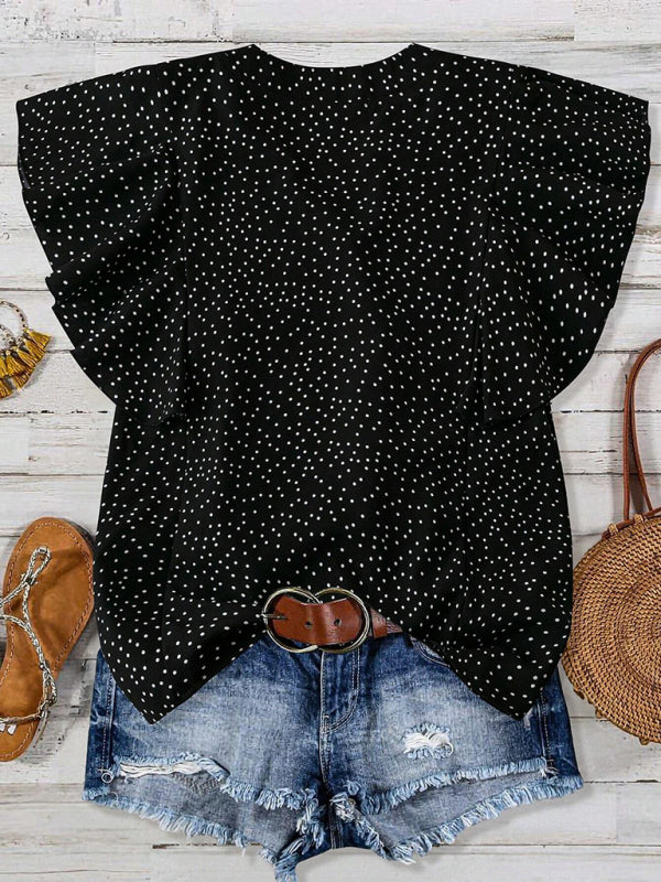 Princess sleeve V-neck polka dot loose button pleated top-[Adult]-[Female]-2022 Online Blue Zone Planet