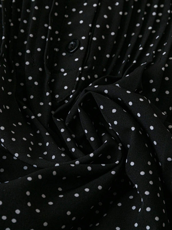 Princess sleeve V-neck polka dot loose button pleated top-[Adult]-[Female]-2022 Online Blue Zone Planet