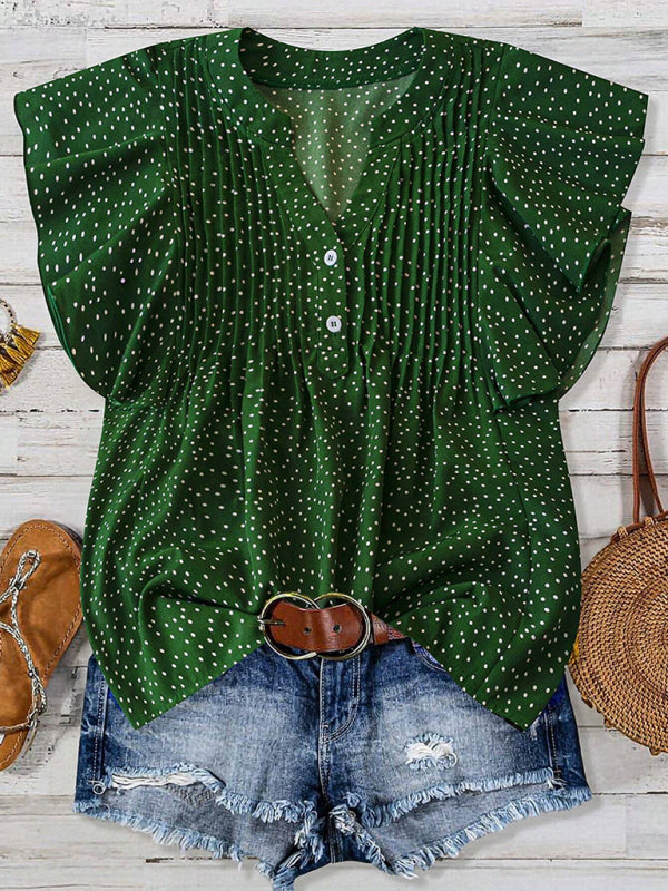 Princess sleeve V-neck polka dot loose button pleated top-[Adult]-[Female]-Green-S-2022 Online Blue Zone Planet