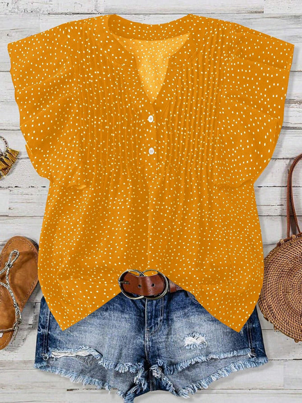 Princess sleeve V-neck polka dot loose button pleated top-[Adult]-[Female]-Orange-S-2022 Online Blue Zone Planet