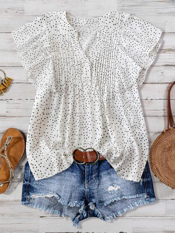 Princess sleeve V-neck polka dot loose button pleated top-[Adult]-[Female]-White-S-2022 Online Blue Zone Planet