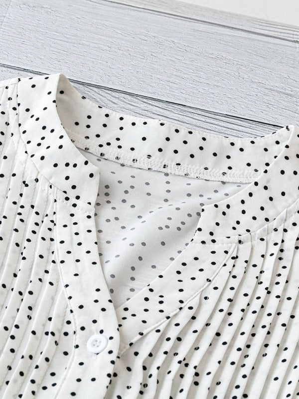 Princess sleeve V-neck polka dot loose button pleated top-[Adult]-[Female]-2022 Online Blue Zone Planet
