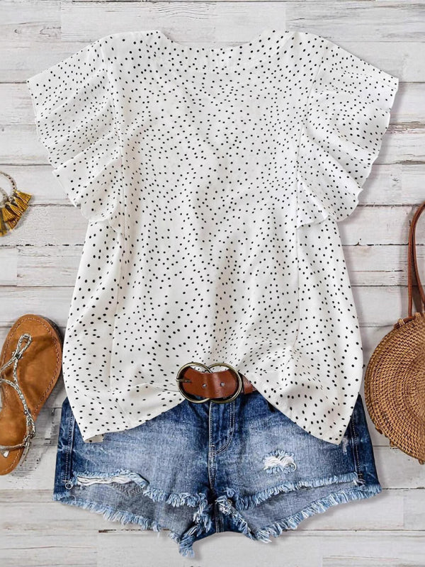Princess sleeve V-neck polka dot loose button pleated top-[Adult]-[Female]-2022 Online Blue Zone Planet