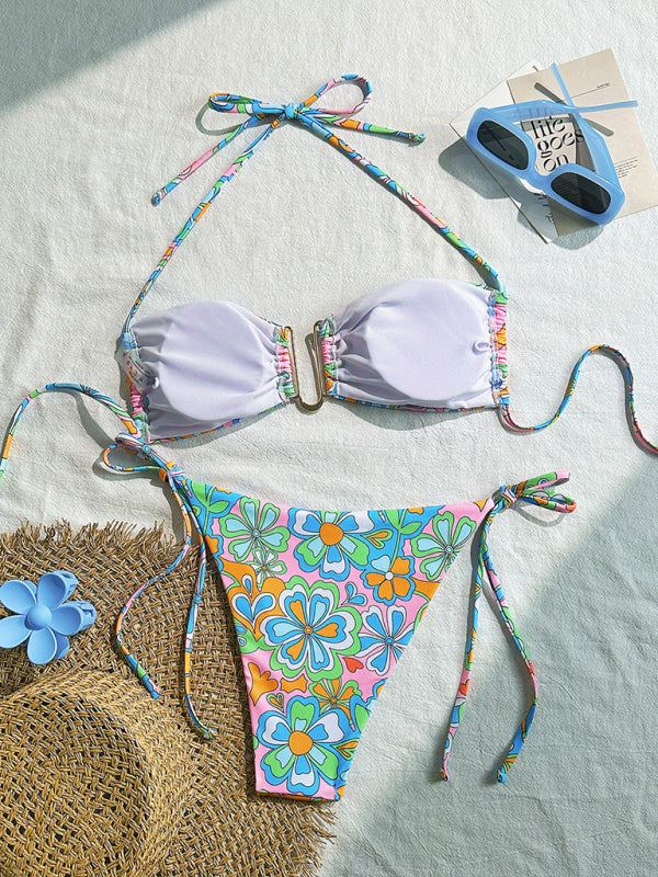New halterneck spaghetti strap holiday floral print lace-up bikini-[Adult]-[Female]-2022 Online Blue Zone Planet
