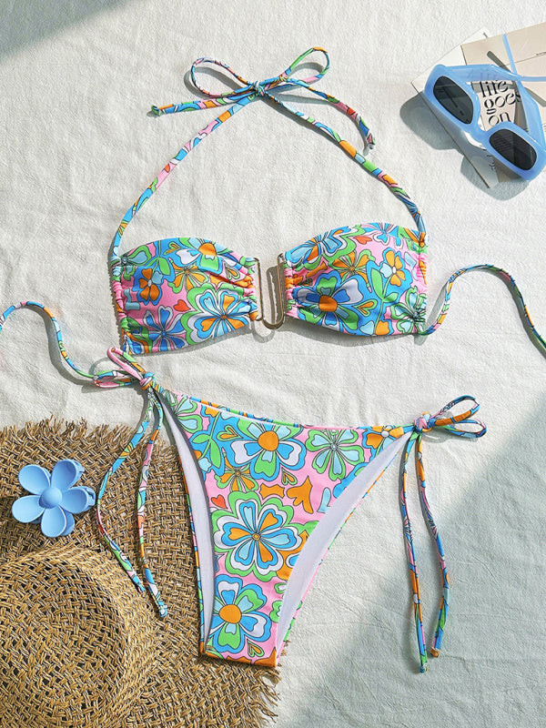 New halterneck spaghetti strap holiday floral print lace-up bikini-[Adult]-[Female]-2022 Online Blue Zone Planet