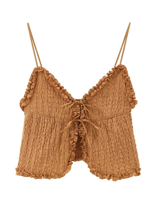 Sexy hot girl layered pleated textured short camisole top-[Adult]-[Female]-Brown-S-2022 Online Blue Zone Planet