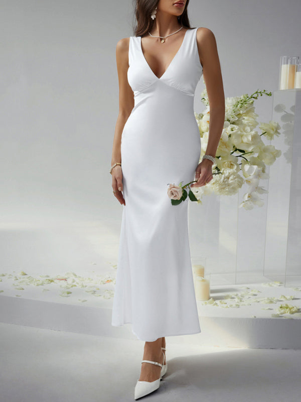 Sexy solid color slim fit deep v backless evening dress long dress-[Adult]-[Female]-2022 Online Blue Zone Planet