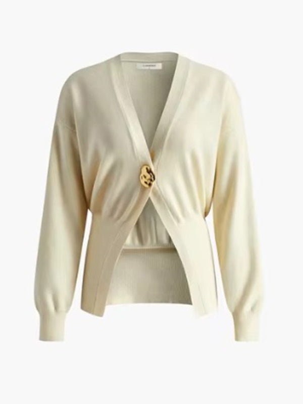 V-neck button-down cardigan-[Adult]-[Female]-Cream-S-2022 Online Blue Zone Planet
