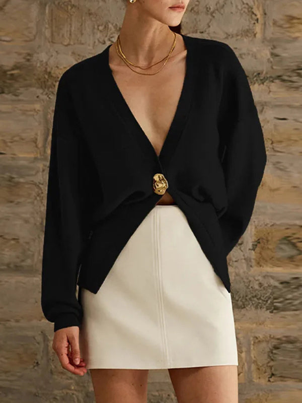 V-neck button-down cardigan-[Adult]-[Female]-Black-S-2022 Online Blue Zone Planet