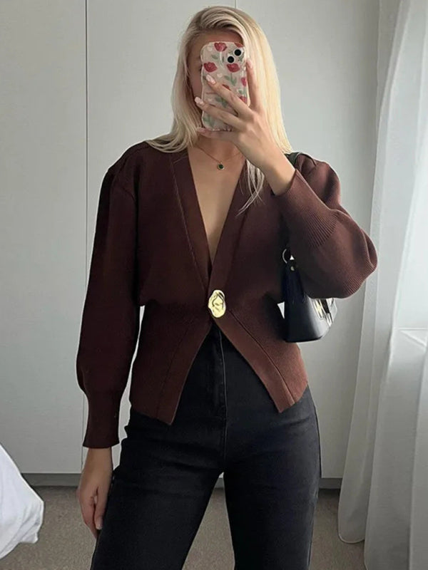 V-neck button-down cardigan-[Adult]-[Female]-Coffee-S-2022 Online Blue Zone Planet