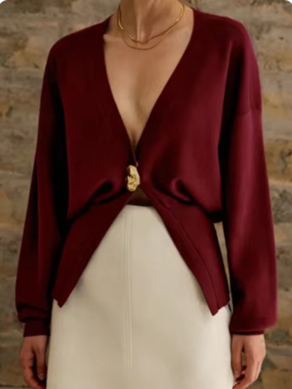 V-neck button-down cardigan-[Adult]-[Female]-Wine Red-S-2022 Online Blue Zone Planet
