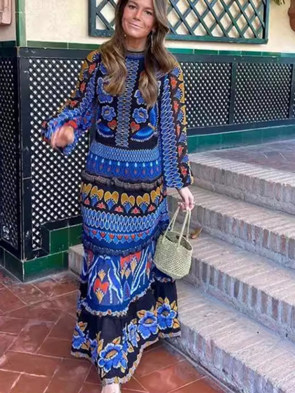 Upright Collar Tribal Graphic Long Sleeve Maxi Dress Blue / S by Blue Zone Planet