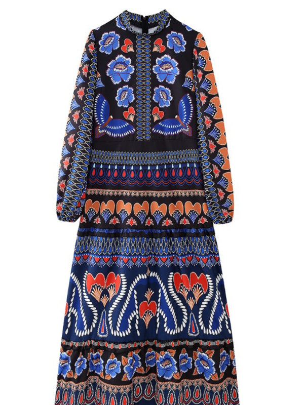 Stand collar printed long sleeve dress-[Adult]-[Female]-2022 Online Blue Zone Planet