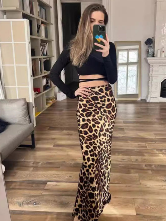 Leopard Print Two-Tone Hip Skirt-[Adult]-[Female]-Brown-S-2022 Online Blue Zone Planet