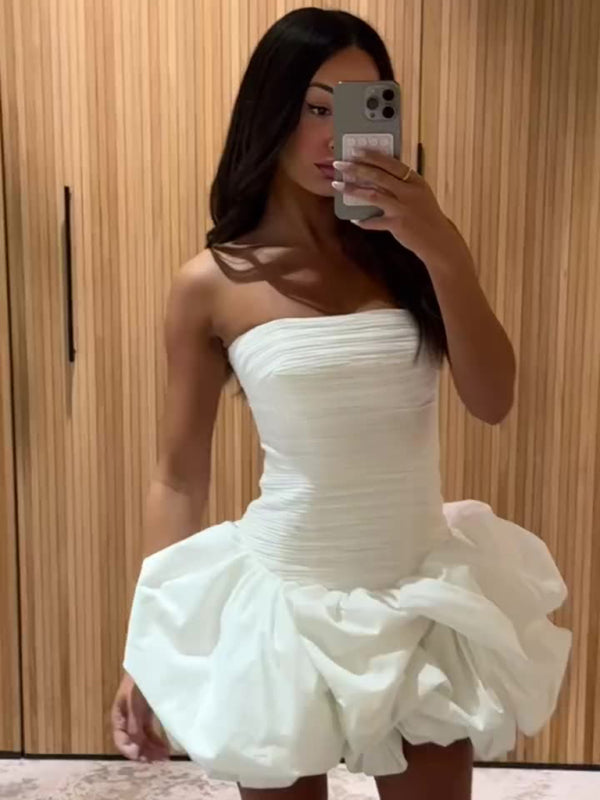 strapless open back dress Tube Top High Waist Pleated Tutu Mini Dress White / S by Blue Zone Planet