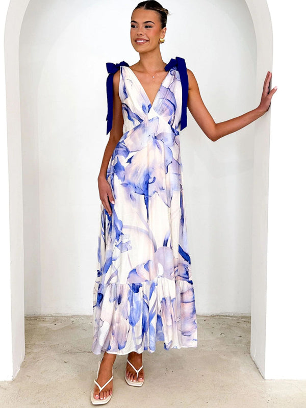 Lace-up women's long dress V-neck sleeveless printed dress-[Adult]-[Female]-Blue-S-2022 Online Blue Zone Planet