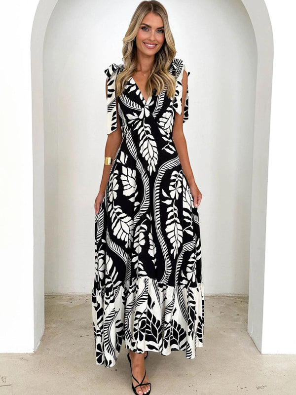 Lace-up women's long dress V-neck sleeveless printed dress-[Adult]-[Female]-Black-S-2022 Online Blue Zone Planet