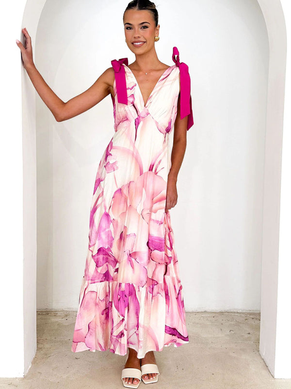 Lace-up women's long dress V-neck sleeveless printed dress-[Adult]-[Female]-Pink-S-2022 Online Blue Zone Planet